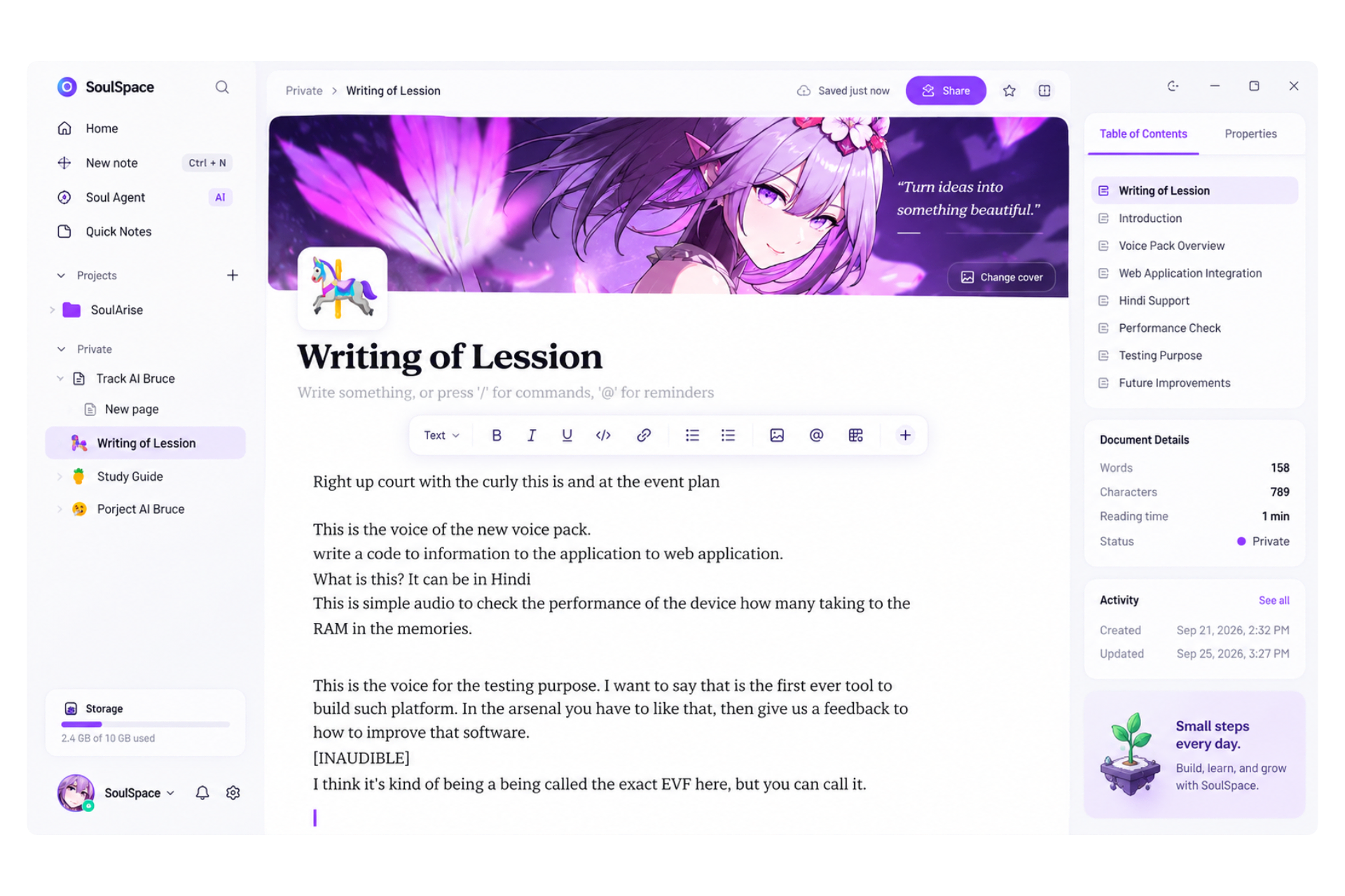 SoulSpace desktop workspace with notes, projects, and a writing editor