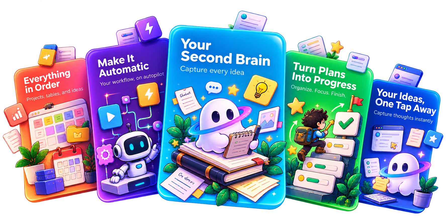 Five colorful cards showing ways to capture ideas, organize plans, and make progress